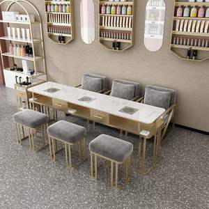 2025 nuevo equipo moderno de lujo para decoración de uñas, mesa de salón de uñas de dos plazas, estudio de muebles de salón de mármol de acero inoxidable - Product Image 5