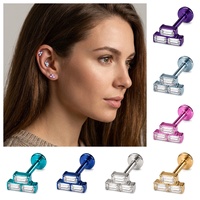 Boucles d'oreilles labret à dos plat en titane ASTM F136, motif pyramide baguette, avec zircone cubique, pour piercing Tragus, Hélix, Conch, Lobe