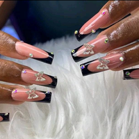 En gros Faux ongles à presser en acrylique faits main, couvrance totale, forme cercueil moyenne, rose ombré, style French, avec nœud 3D en forme d'aile