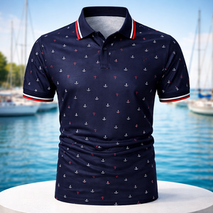 Breathable Slim Fit Moisture Wicking Quick Dry Buttons Men Anchor Print Polycotton Polo Shirt Custom logo