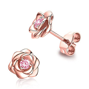 Boucles d'oreilles à fleurs roses en or rose E4285, avec serti rond en zircon, pour femmes, bijoux romantiques, cadeau - Product Image 3