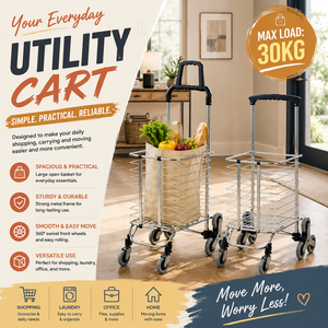 Chariot de courses en métal argenté avec 4 roues pivotantes à 360°, chariot utilitaire durable pour épicerie, maison, bureau - Product Image 1