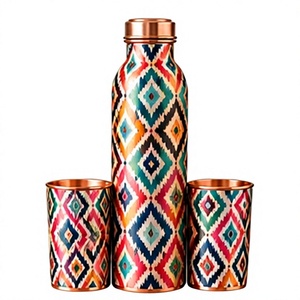 Ensemble de bouteilles d'eau en cuivre multicolores avec 2 tasses, gourde en métal géométrique colorée, vaisselle de voyage portable - Product Image 1