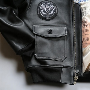 Áo khoác bomber da thật nam màu đen, kiểu dáng cổ điển, chất liệu lông cừu shearling, da cừu cao cấp, size lớn, thêu tùy chỉnh OEM. - Product Image 5