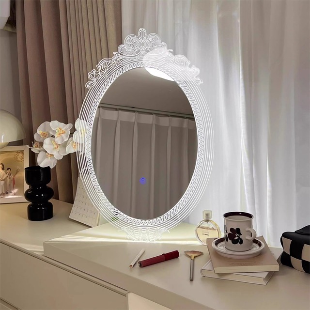 Makeup Mirror for Vanity Oval LED Backlit Carved White Frame Touch Control Decorative Home Decor French Elegant