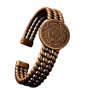 Pure Copper Triple Twisted Wire Open Cuff <b>Bangle</b> Bracelet Vintage <b>Engraved</b> Arabic Calligraphy Seal Hexagram Star Medallion Coin - Product Image 1