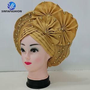 Gele nigérian Aso Oke uni, foulard africain auto-attachable très populaire avec pierres et perles - Product Image 1