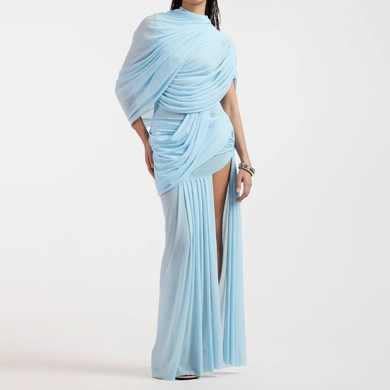 chinese dress ladies Floral Printed Chiffon Long Sleeve Gown 2 / Sky Blue/Multi