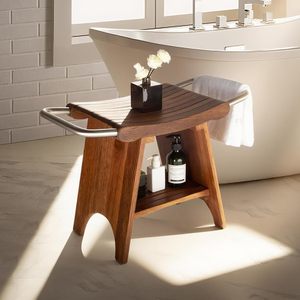 Tabouret de douche en teck Ruoyi 44,5x34,5x20cm avec poignée en acier inoxydable et étagère de rangement - Product Image 1