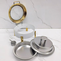 Matériel de restauration : Réchaud de buffet rond en acier inoxydable blanc et or avec couvercle hydraulique pour la restauration
