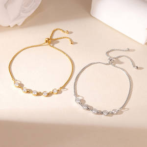 韓国風輝くジルコンラウンドチャームステンレススチール調節可能ブレスレット女性用ジュエリー - Product Image 1