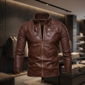 Blouson Moto Homme en Cuir Véritable Marron et Noir avec Blocs de Couleurs, Col Montant, Fermeture Éclair, Coupe Droite, Idéal pour l'Automne, Vente en Gros, Imprimé - Product Image 3