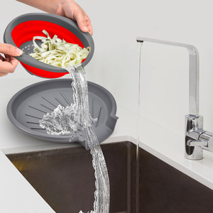 Foldable Draining Basket Set With Tray Red 3 Piece Collapsible Kitchen Sink Vegetable Fruit Rack L Size - Product Image 4