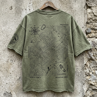 Camiseta Verde Oliva Vintage Lavada, de Tela Gruesa, con Estampado de Mapa Topográfico de Senderismo, Personalizada, OEM, al por Mayor