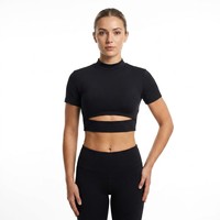 Haut court de sport pour femme à découpes à la taille, col montant, demi-zip, en jersey double maille respirant, uni, pour l'été, le yoga et la course