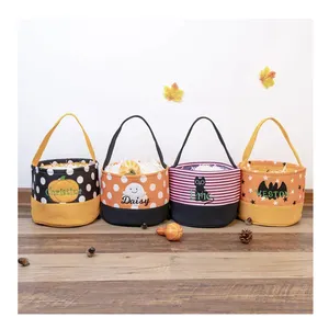 Cam Bí Ngô Lừa Hoặc Điều Trị Tote Trẻ Em Xô Giỏ Polka Dot Sọc Halloween Kẹo Túi