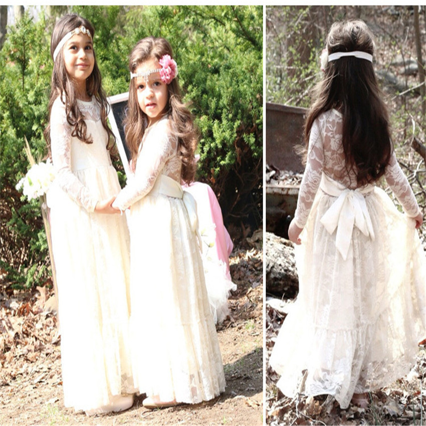Оптовая продажа с завода, красивые белые кружевные платья с длинным рукавом для маленьких принцесс