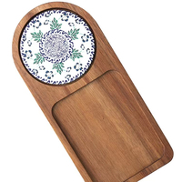 Ensemble de plateaux de service en bois d'acacia japonais, plateau à thé, café et desserts avec sous-verres en céramique pour café, maison, vente en gros, logo personnalisé