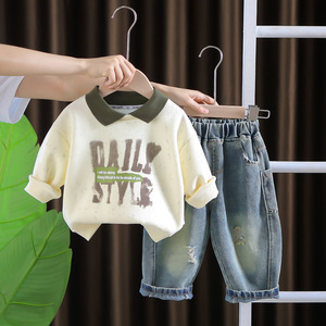 90 कपास की लंबी आस्तीन टी-ब्लू डेनिम पैंट सेट दैनिक स्टाइल प्रिंट शरद ऋतु आकस्मिक पोशाक - Product Image 6