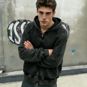 Sudaderas con Capucha y Cremallera 100% Algodón Lavado al Ácido al por Mayor, Proveedor de Moda, Corte Cuadrado Personalizado, Sudaderas Cortas Vintage para Deportes al Aire Libre para Hombre - Product Image 1