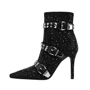 Full Diamonds Women Stiletto Thin Heels Short <b>Boots</b> Big Size 46 Belt Buckles Luxury Shoes Dress Wide Fit Ankle Booties - Product Image 2