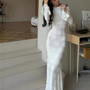 Evening Dress Long Sleeve Backless Sheer Layer Flared Sleeve Natural Waistline <b>Full</b> <b>Length</b> - Product Image 5