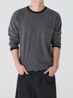 T-shirt à manches longues pour homme, délavé à l'acide, effet éclaboussures de peinture, faux deux pièces, coupe ample, déchiré, vintage, vente en gros