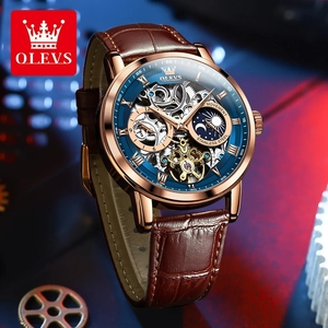 Montre mécanique squelette OLEVS pour homme, étanche, bracelet en cuir, phase de lune, automatique, tourbillon, pour livraison directe - Product Image 3