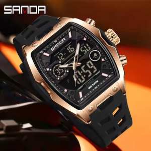 Montre de sport multifonctionnelle pour homme SANDA avec cadran tonneau, bracelet en cuir étanche, double affichage, 6235 - Product Image 1