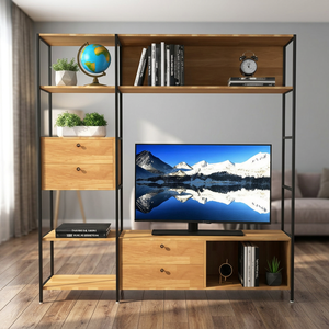 KTV68094 Multi-Functional TV Stand Integrated Bookshelf Industrial-Style Iron Frame <b>Pine</b> Wooden Top Luxury Traditional TV - Product Image 3
