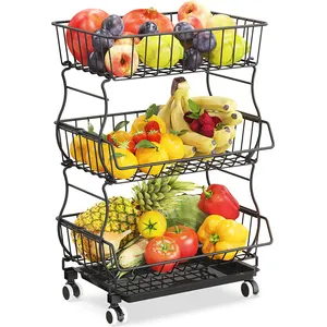 3 Tier Stack Metal Wire Basket Cart with Rolling Wheels, Utility Rack for Kitchen, Pantry, Garage