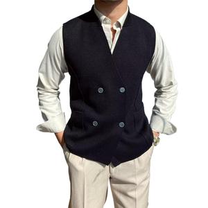 Chaleco de Punto Otoñal para Hombre, Estilo Británico, Casual, Cuello Clásico, Corte Entallado, Poliéster/Algodón, Sin Mangas, Botones, Doble Botonadura - Product Image 5