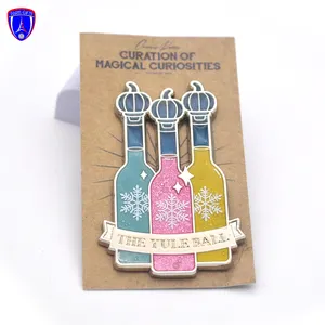 Custom enamel lapel pin transparent glitter bottle shape pin badge silver plating THE YULE BALL souvenir pin with high quality