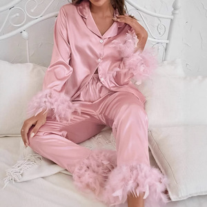 <span class=keywords><strong>Pigiama</strong></span> Elegante Personalizzabile in Raso <span class=keywords><strong>Bianco</strong></span> con Piume, Set 2 Pezzi, Abbigliamento da Casa di Alta Gamma per Donne, <span class=keywords><strong>Pigiama</strong></span> in Seta Modal a Maniche Lunghe - Product Image 2