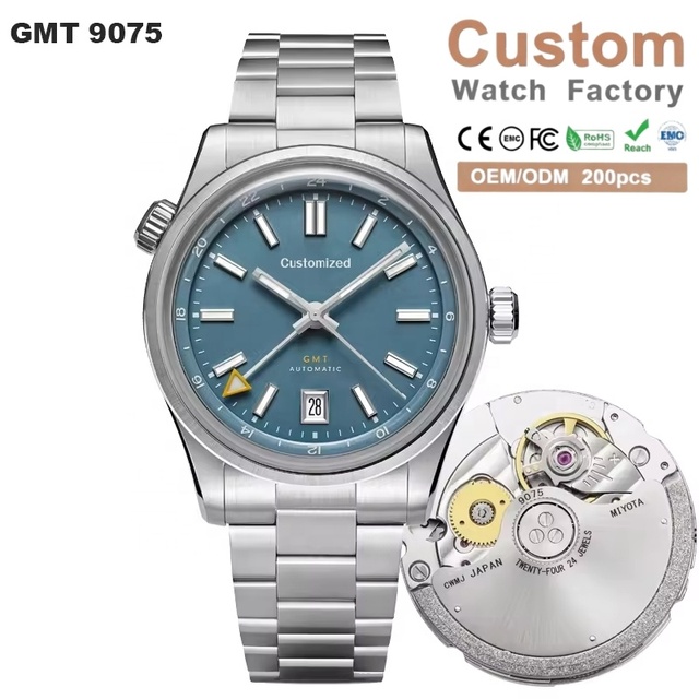 Miyota 9075 GMT Automatic Movement Double Domed Sapphire Crystal Diver Watch 40MM Stainless Steel Cases Customized Watch for Men