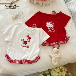 TongXingYuan Girls' KT <b>Cat</b> Short Sleeve T-Shirt Red White Cotton Cartoon Summer <b>Top</b> Kids Fashion Clothes - Product Image 1