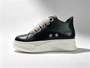 Stylish Black <b>Leather</b> Trendy <b>Sneakers</b> Thick Rope Lace Up Combined Sole Versatile Daily Footwear - Product Image 1