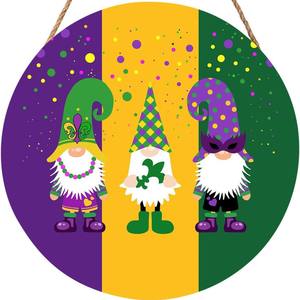 Décoration de porte d'entrée de plaque de porte naine de carnaval, plaque en bois de point vert jaune violet suspendu rond - Product Image 1