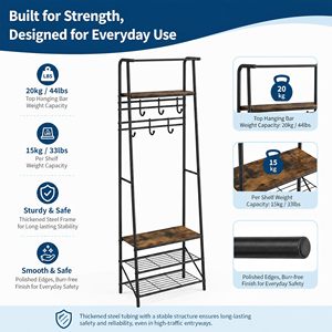 SENYU Industrial Metal <b>Coat</b> Rack <b>with</b> 3 <b>Shelves</b> 8 <b>Hooks</b> Multipurpose Entryway Storage Stand Modern Freestanding Furniture - Product Image 4