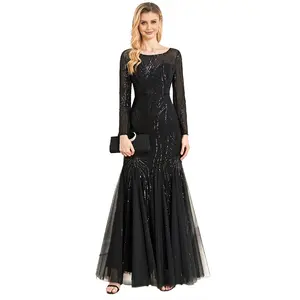 2023 लंबी आस्तीन क्रू गर्दन महिलाओं की शाम प्रोम कपड़े सुरुचिपूर्ण काले सेक्विन माँ दुल्हन के कपड़े की शादी में पार्टी