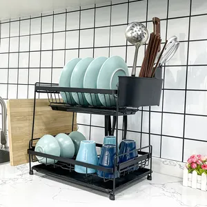 高品質の厚いキッチン2層キッチン調理器具皿黒収納ラック