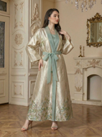 Abaya en polyester brillant jacquard à col ouvert, ceinturée, kimono à manches larges, robe maxi élégante à fleurs pour femmes musulmanes, pour soirée