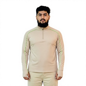 Camiseta Deportiva de Manga Corta para Hombre, Color Beige, con Cierre de Media Cremallera, Secado Rápido, Protección UV, Ribete en Verde Neón, Transpirable, Corte Regular, para Verano - Product Image 1