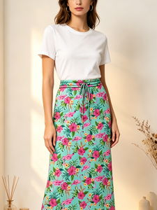 Falda Midi Floral Morada con Base Amarilla para Mujer - Falda de Cintura Alta Talla Grande con Cordón Ajustable - Product Image 3