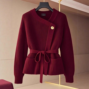 Cárdigan asimétrico de punto con cinturón de color sólido para mujer con suéter de diseño de un solo botón Sehe Fashion - Product Image 3
