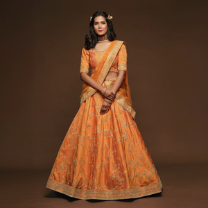 <b>Orange</b> Embroidered Wedding Lehenga Choli Art Silk <b>Saree</b> Set Bride Festival Formal Wear Rivaayat House In-Stock Items - Product Image 1