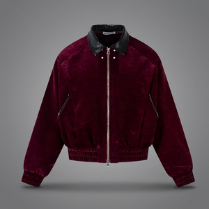 Custom <b>Men's</b> Burgundy <b>Velvet</b> <b>Jacket</b> With Black Leather Collar Luxury Warm Winter Zip-Up Oversized Streetwear Varsity <b>Jacket</b> - Product Image 4