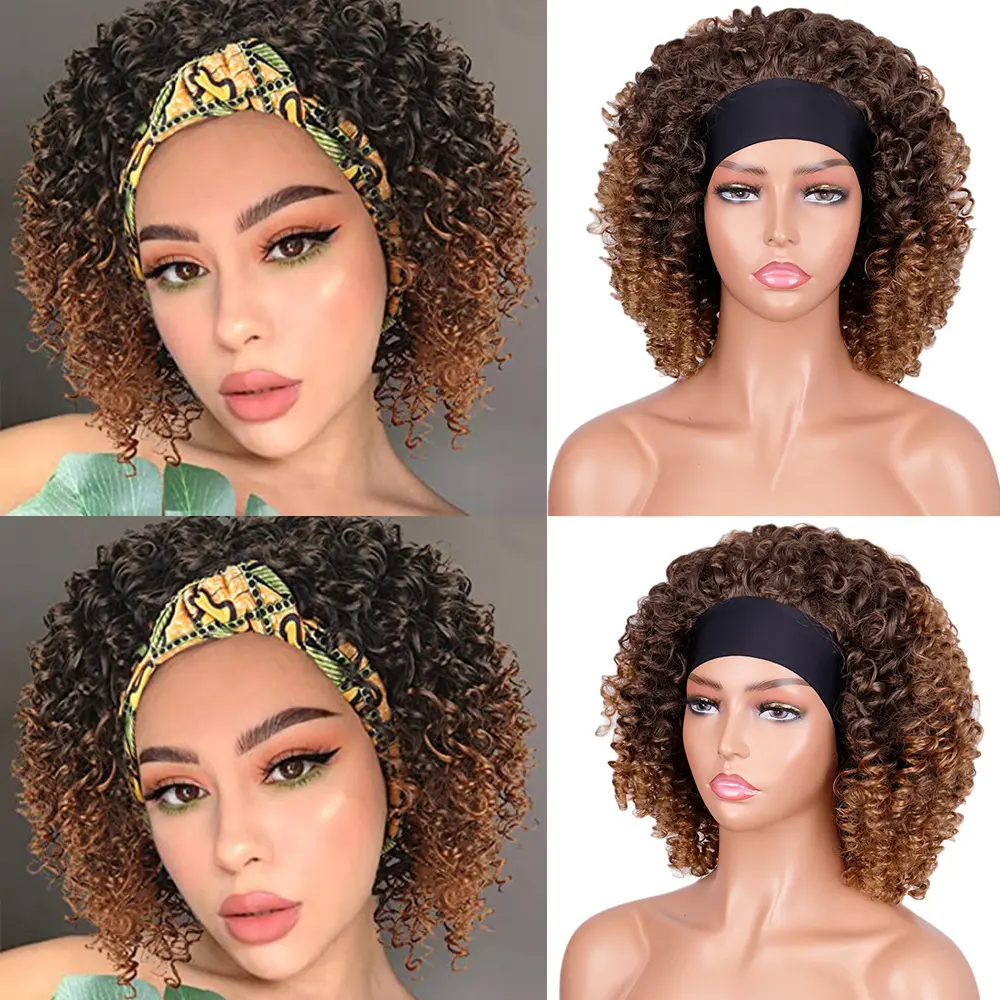 Wig Keriting Hairband Sintetis Hairband Wig Hitam Wanita Tanpa Renda dengan Ikal Eksplosif Terpasang Coklat Setengah