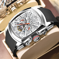 Montre mécanique chronographe squelette de luxe pour homme, automatique unique, bracelet en caoutchouc ovale, design ajouré élégant, style hip-hop, acier inoxydable 316L