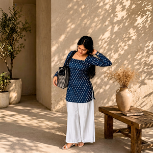 Kurti fait main à motifs imprimés |   Col carré |   Manches longues |   Bleu, pas bleu foncé |   Haut ethnique élégant |   Kurti court pour femmes - Product Image 1